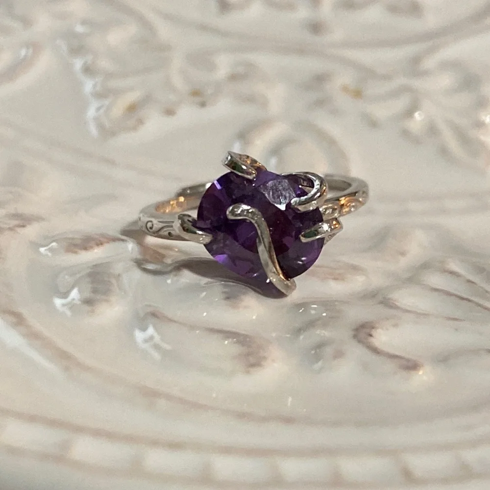 925 Sterling Silver Amethyst Cocktail Ring Serpent Prong Adjustable Ring 2 Ct